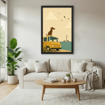 Vintage travel poster style dog van beach framed canvas print above cream sofa in Scandinavian living room with oval wood coffee table