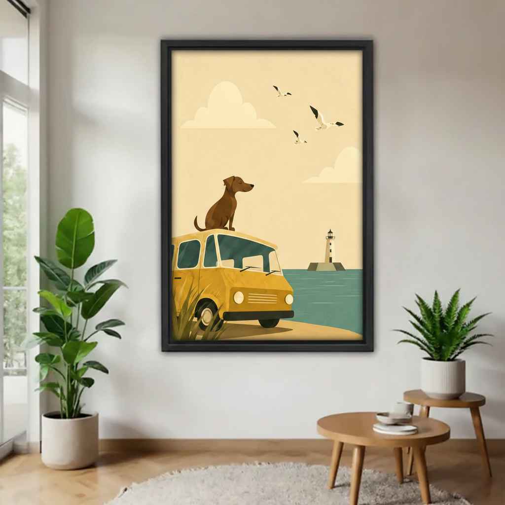 Retro dog van coastal illustration framed wall art print displayed in bright minimalist room with fiddle leaf fig and fern plants
