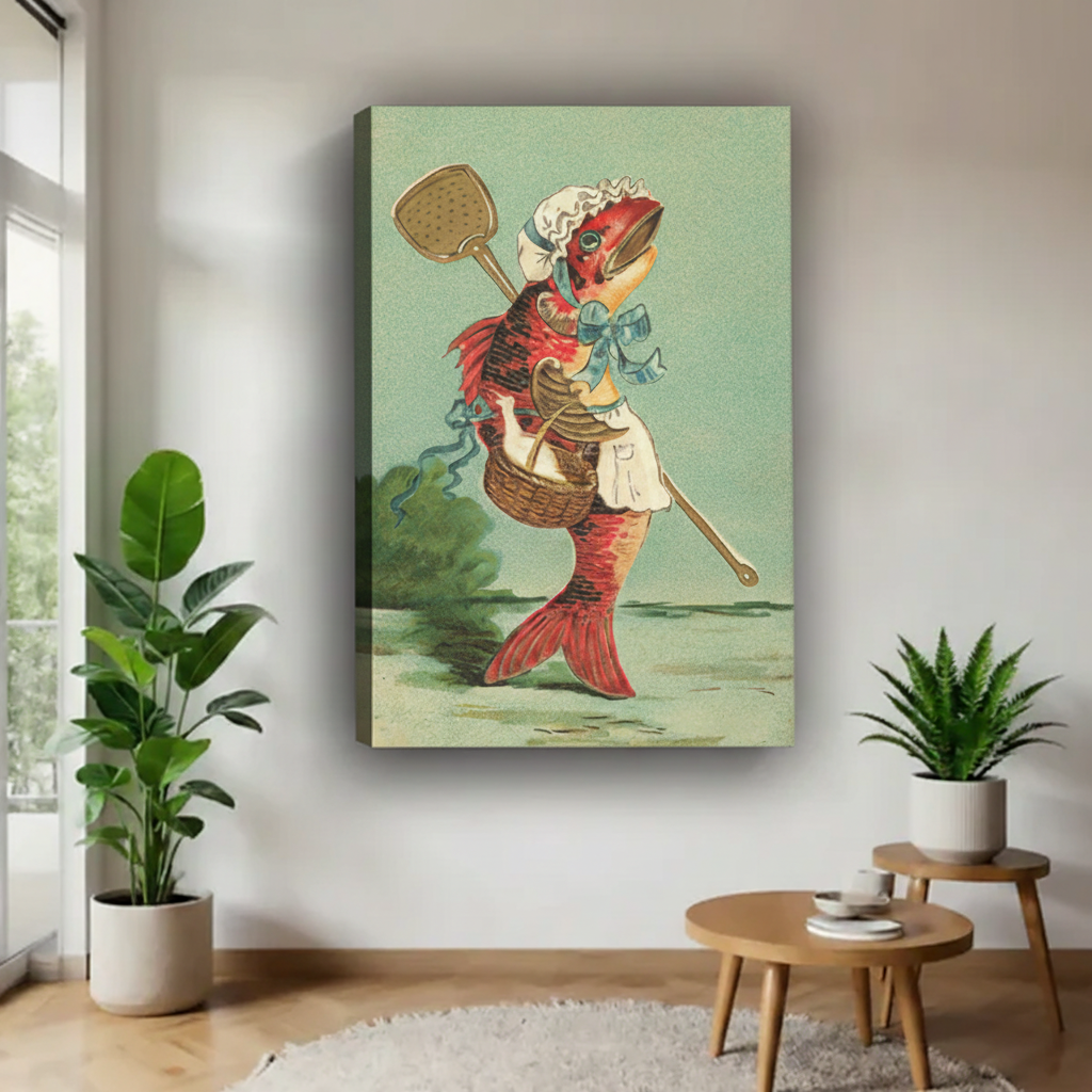 Gallery wrap canvas print of a whimsical red fish maid character in Victorian dress, frameless edge display in a light living space with greenery