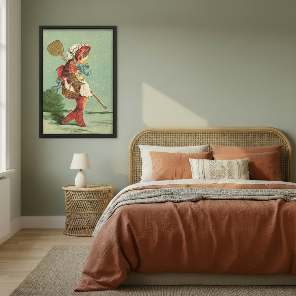 Whimsical framed art print featuring a red fish dressed as a Victorian maid with apron and lace bonnet, hung on a sage green bedroom wall above a rattan bed