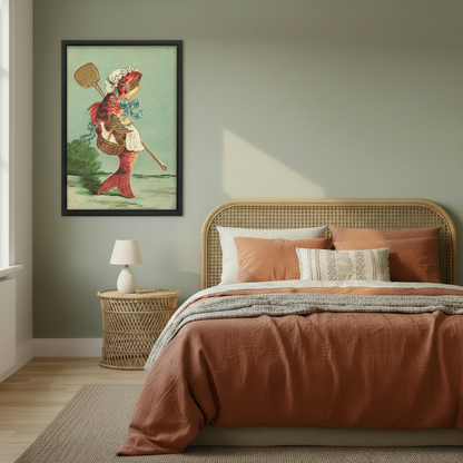 Whimsical framed art print featuring a red fish dressed as a Victorian maid with apron and lace bonnet, hung on a sage green bedroom wall above a rattan bed
