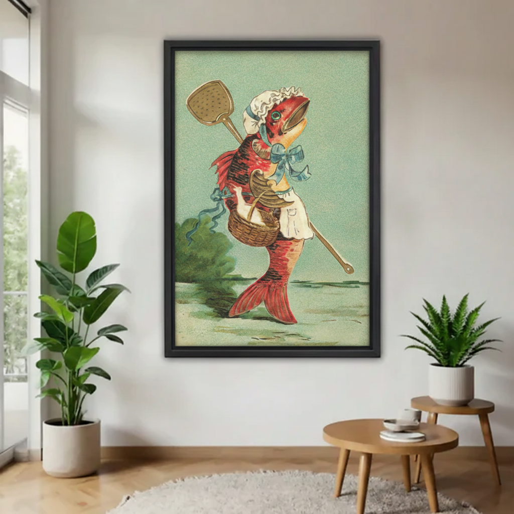 Vertical framed vintage illustration of an anthropomorphic fish in maid costume with mint green background, styled in a bright minimalist hallway with indoor plants