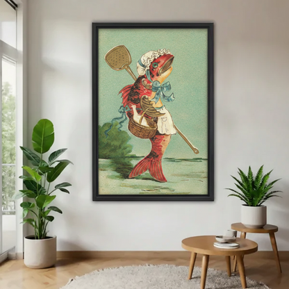 Vertical framed vintage illustration of an anthropomorphic fish in maid costume with mint green background, styled in a bright minimalist hallway with indoor plants
