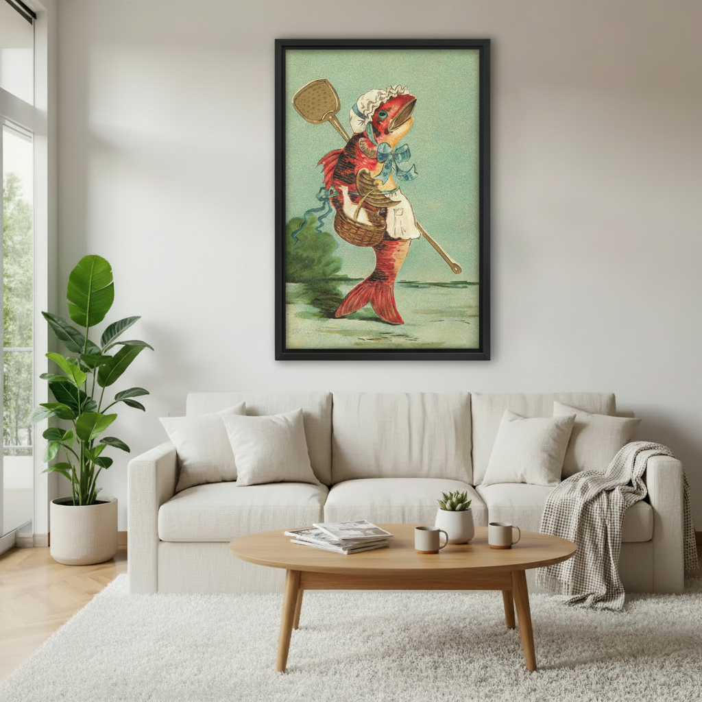 Framed wall art print of an anthropomorphic red fish in a Victorian maid outfit carrying a basket and shovel, displayed above a cream sofa in a modern living room