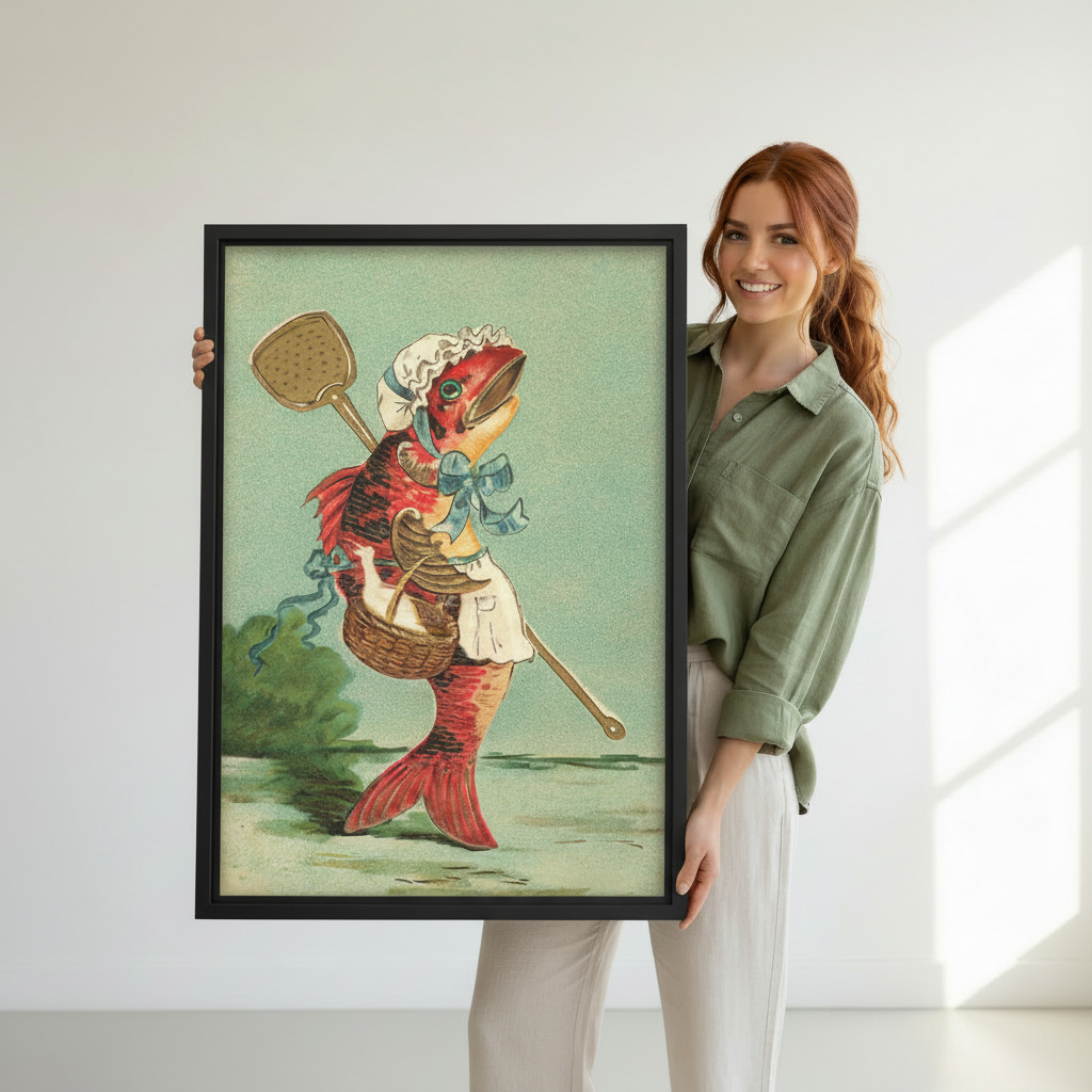 Woman holding a large framed art print of a red fish in Victorian maid outfit with basket and shovel, showcasing print size and black frame finish