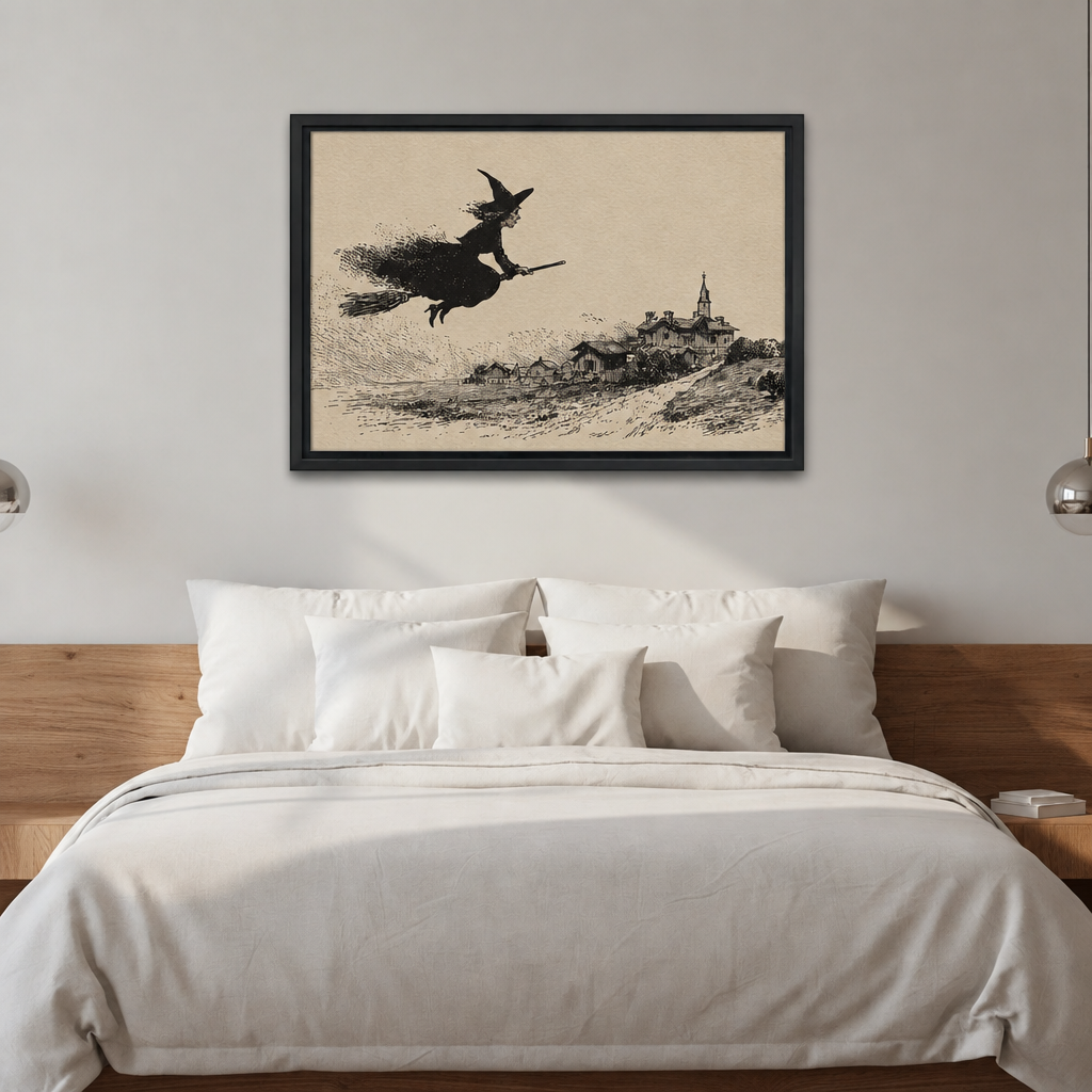 Black-framed vintage flying witch wall art above a bed with white bedding and a wooden headboard.