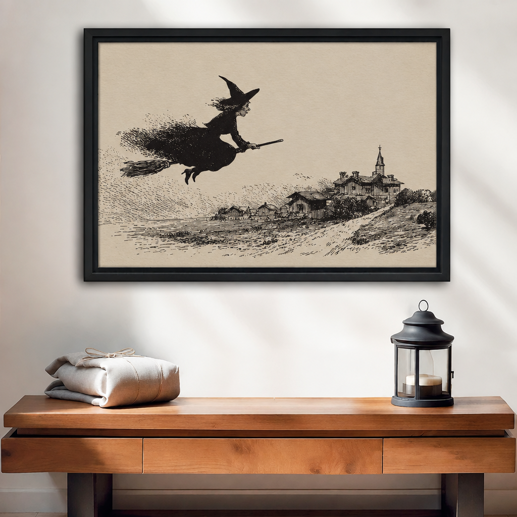 Black-framed vintage flying witch wall art displayed above a wooden console beside folded linens and a candle lantern.