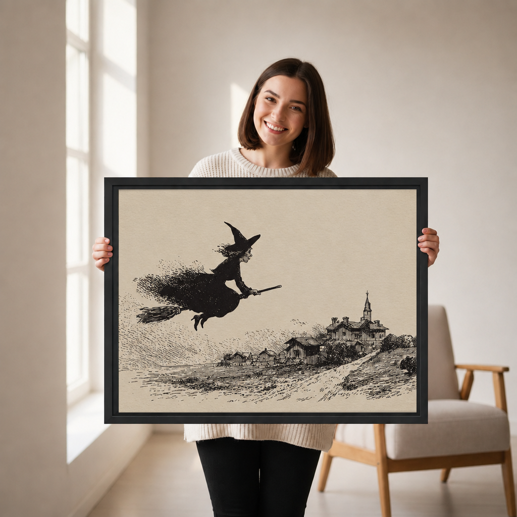 Woman holding black-framed vintage flying witch wall art depicting a broom-riding witch above a sketched hillside village.