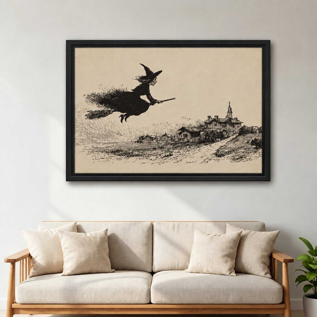 Framed vintage flying witch wall art above a cream sofa with wooden arms beside a leafy plant.