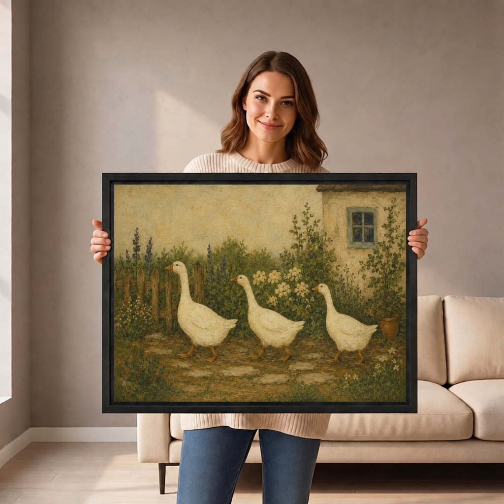 A woman holds framed folk art goose garden canvas wall art depicting three white geese in a cottage garden.