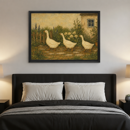 Vintage folk art goose garden canvas wall art hangs above a dark bed in a softly lit bedroom.