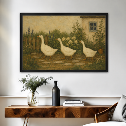 Vintage folk art goose garden canvas wall art in a black frame shows three white geese among cottage flowers.
