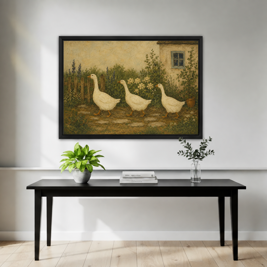 Framed folk art goose garden canvas wall art decorates a living room wall above a black console table.