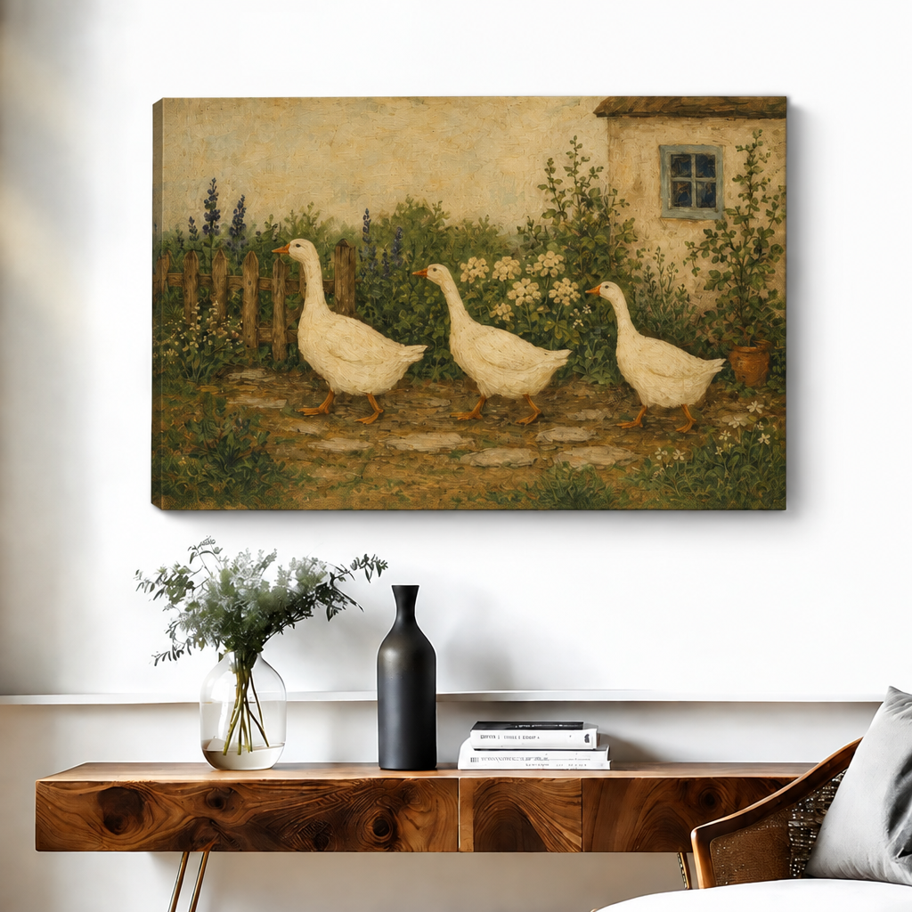 Gallery-wrap folk art goose garden canvas wall art features three geese walking along a flower-lined cottage path.