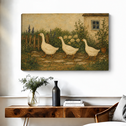 Gallery-wrap folk art goose garden canvas wall art features three geese walking along a flower-lined cottage path.