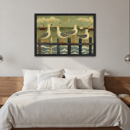Black-framed vintage folk art seagull canvas wall art above a bed with white bedding and a wooden headboard.