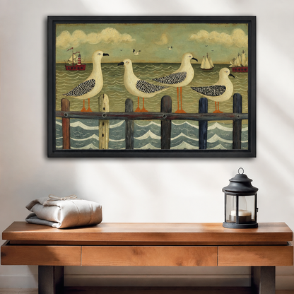Vintage folk art seagull canvas wall art in a black frame above a wooden console with linens and lantern.
