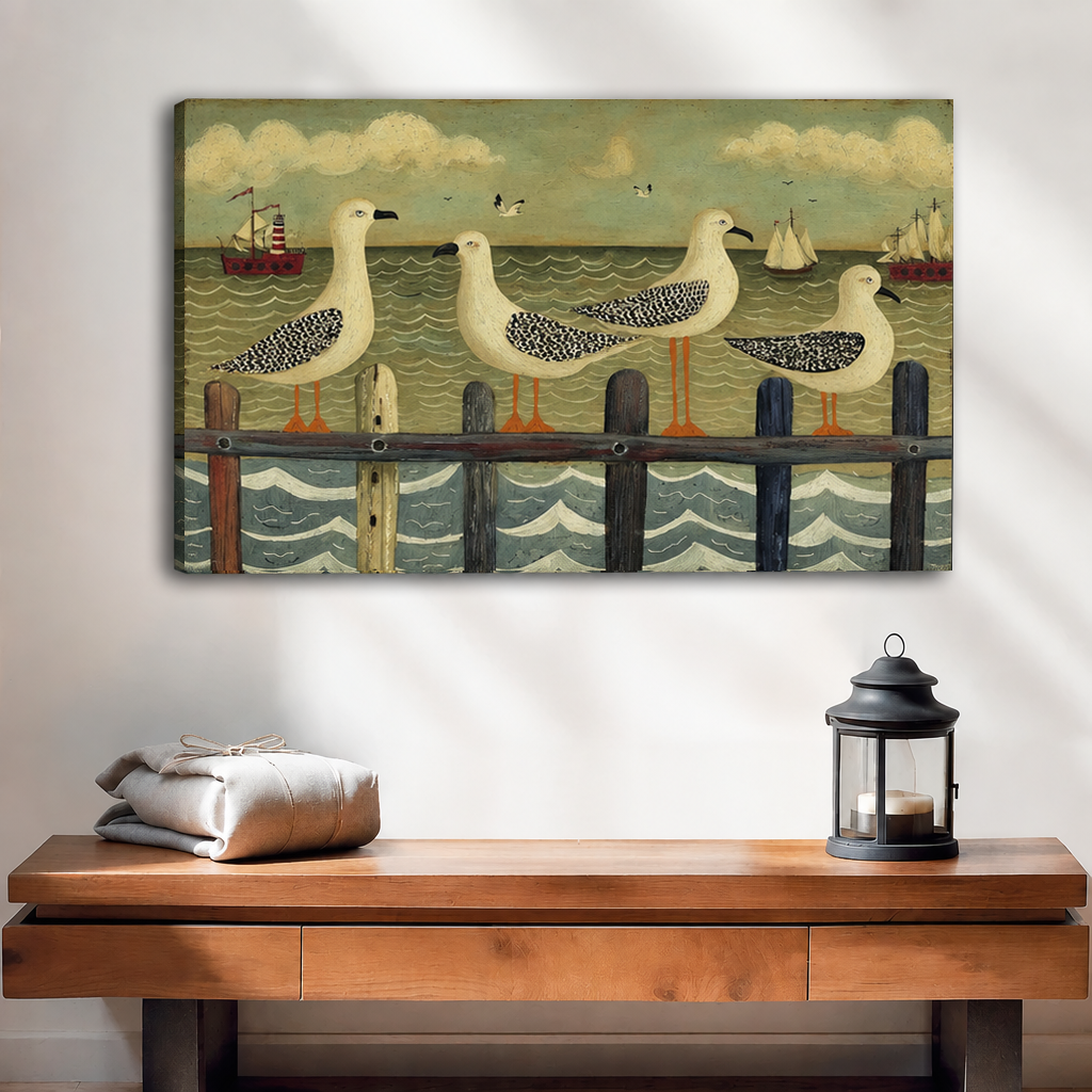 Vintage folk art seagull canvas wall art displayed without an outer frame above a wooden console beside a lantern.⠋