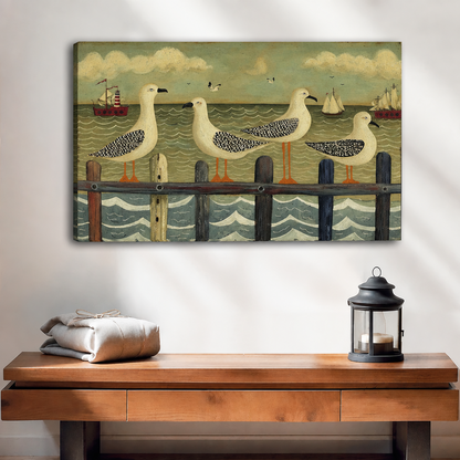 Vintage folk art seagull canvas wall art displayed without an outer frame above a wooden console beside a lantern.⠋