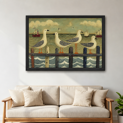 Vintage folk art seagull canvas wall art in a black frame above a cream sofa beside a green plant.