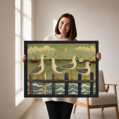 Woman holding black-framed vintage folk art seagull canvas wall art featuring four birds, rolling waves, and distant sailboats.
