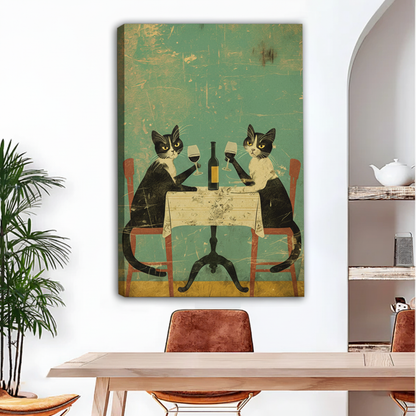  Vintage French cat wine canvas wall art displayed above a dining table in a bright modern room.
