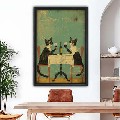 Close-up of vintage French cat wine canvas wall art with two cats sharing wine at dinner.