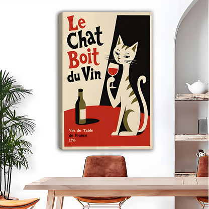 Framed vintage French cat wine canvas wall art displayed above a dining table beside a mirror.