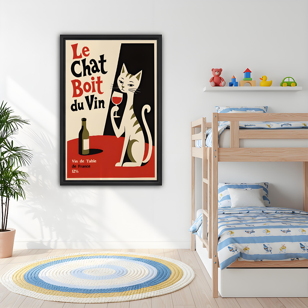 Framed vintage French cat wine canvas wall art displayed beside a bunk bed in a colorful child's room.