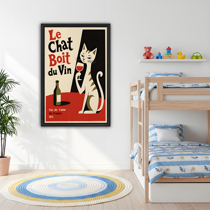 Framed vintage French cat wine canvas wall art displayed beside a bunk bed in a colorful child's room.