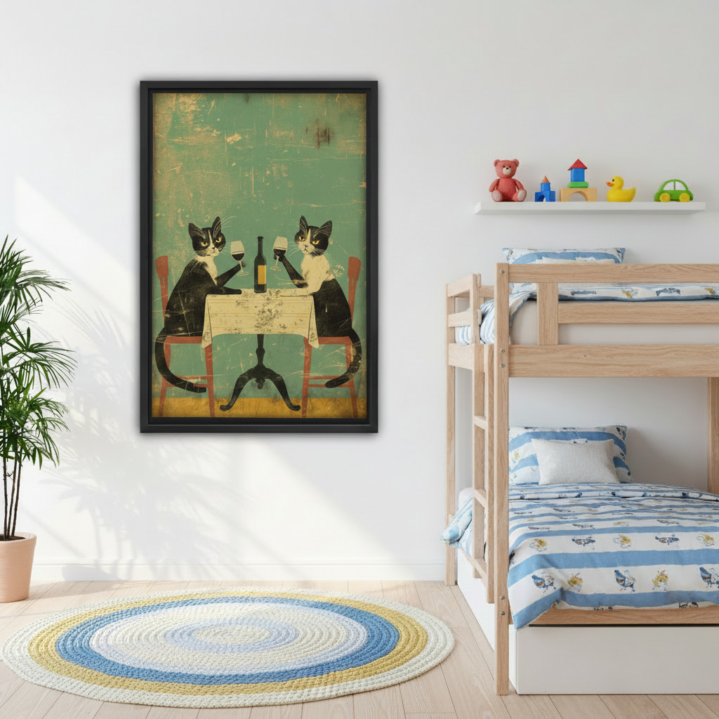 Vintage French cat wine canvas wall art featured above a bunk bed in a cheerful children’s bedroom.