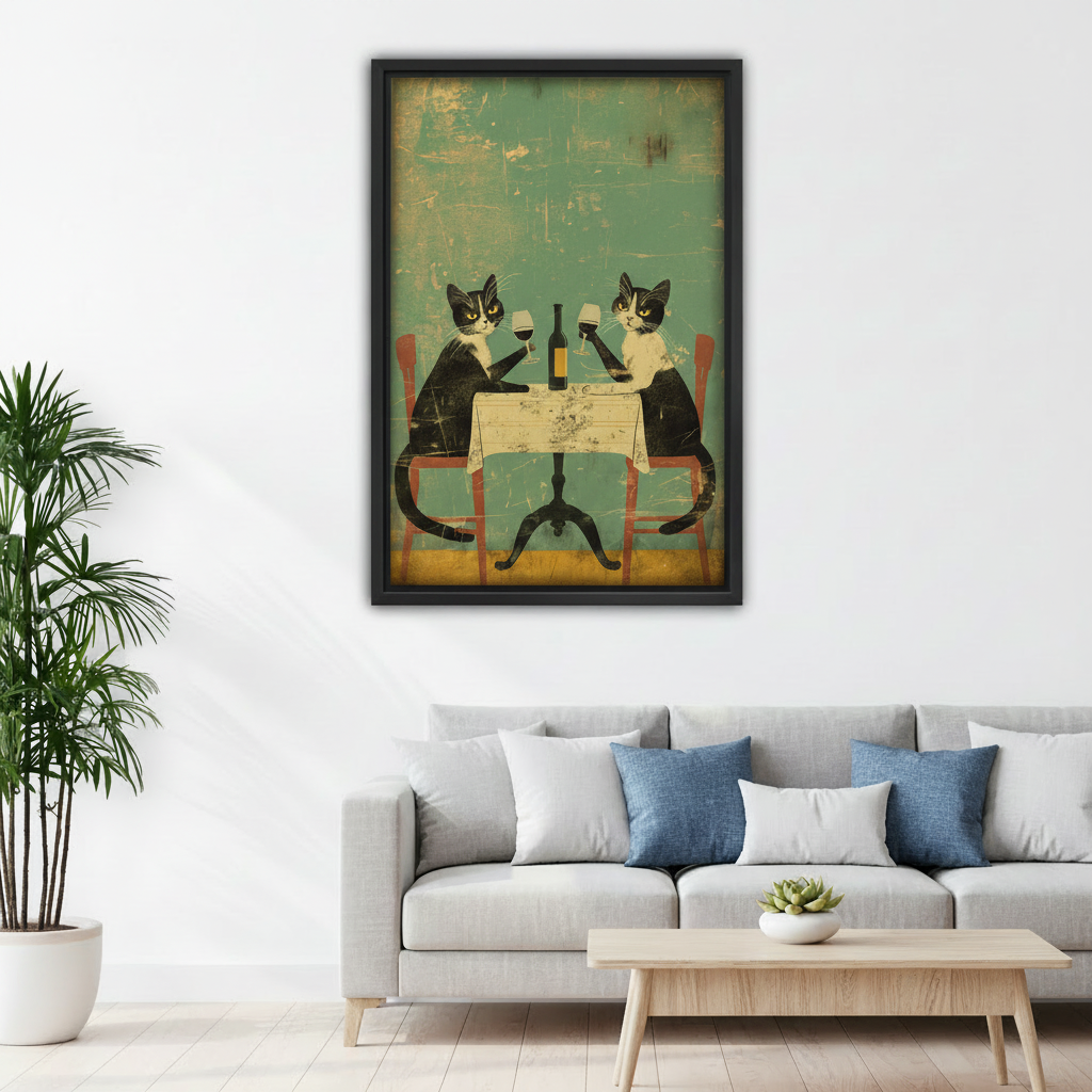 Vintage French cat wine canvas wall art styled above a sofa in a light-filled living room.