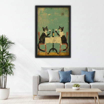 Vintage French cat wine canvas wall art styled above a sofa in a light-filled living room.