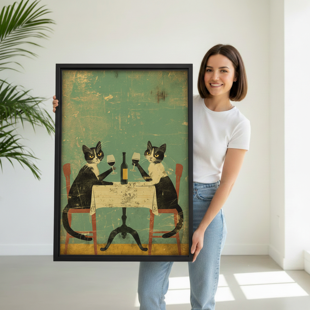Woman holding vintage French cat wine canvas wall art to show its framed size and detail.