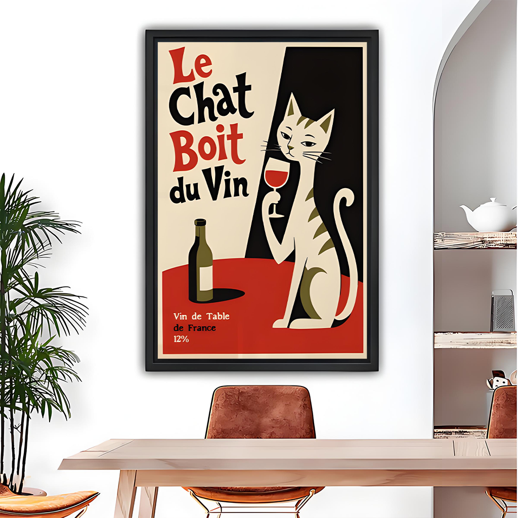 Unframed vintage French cat wine canvas wall art featuring a cream cat raising a red wine glass beside a bottle.