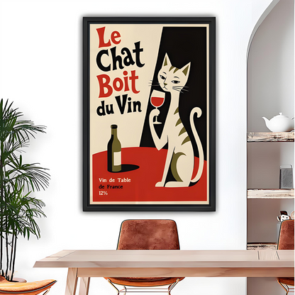 Unframed vintage French cat wine canvas wall art featuring a cream cat raising a red wine glass beside a bottle.