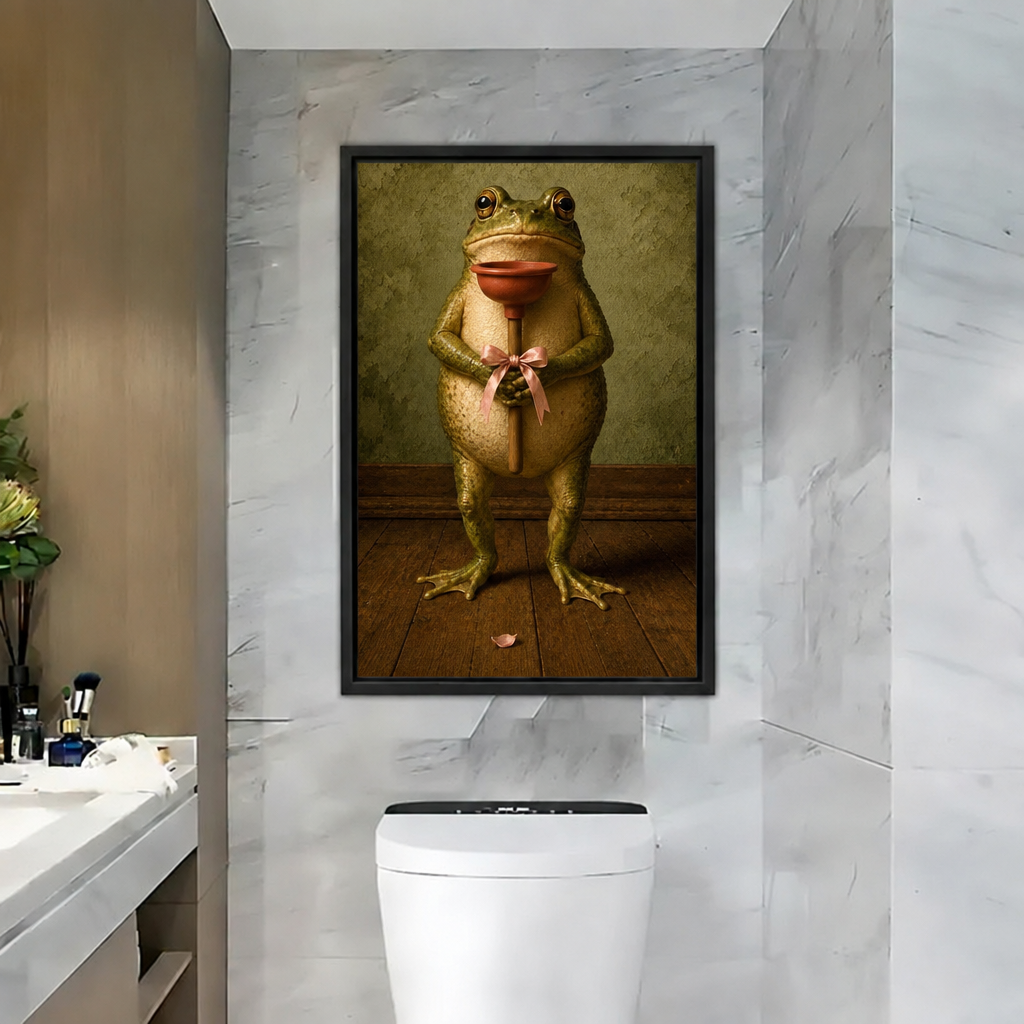 Framed vintage frog with plunger canvas wall art on a grey marble wall above a modern toilet