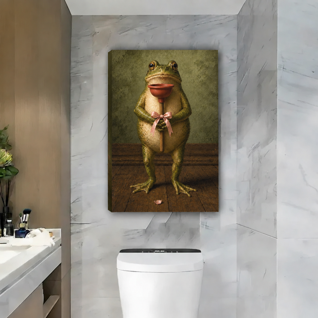 Unframed gallery-wrap vintage frog with plunger canvas wall art on a marble bathroom wall