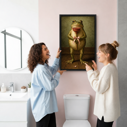 Two women laughing as they hang vintage frog with plunger canvas wall art in a pink bathroom