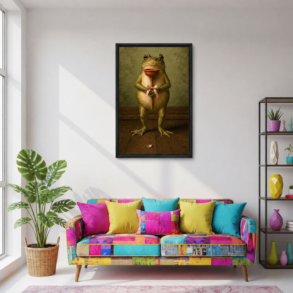Vintage frog with plunger canvas wall art in a black frame above a bright patchwork sofa
