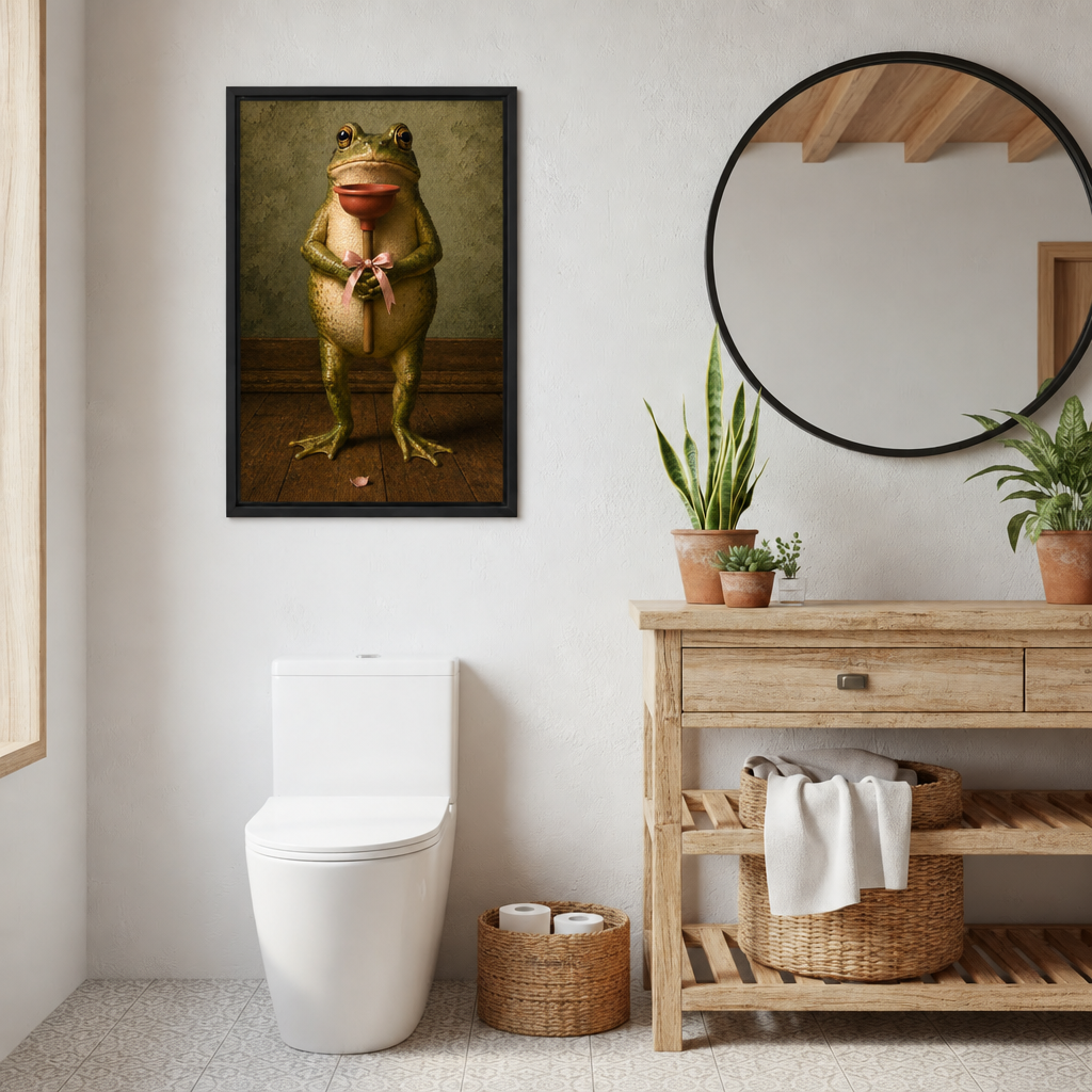 Vintage frog with plunger canvas wall art beside a round mirror, wooden vanity and potted plants