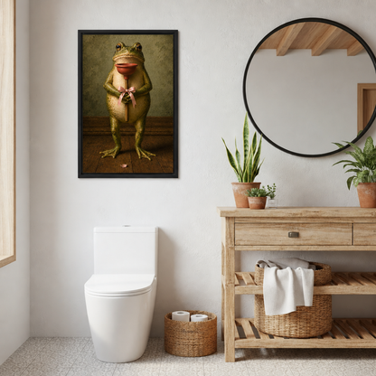 Vintage frog with plunger canvas wall art beside a round mirror, wooden vanity and potted plants