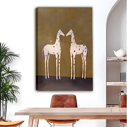 Vintage giraffe couple canvas wall art featuring two spotted giraffes in a warm artistic scene