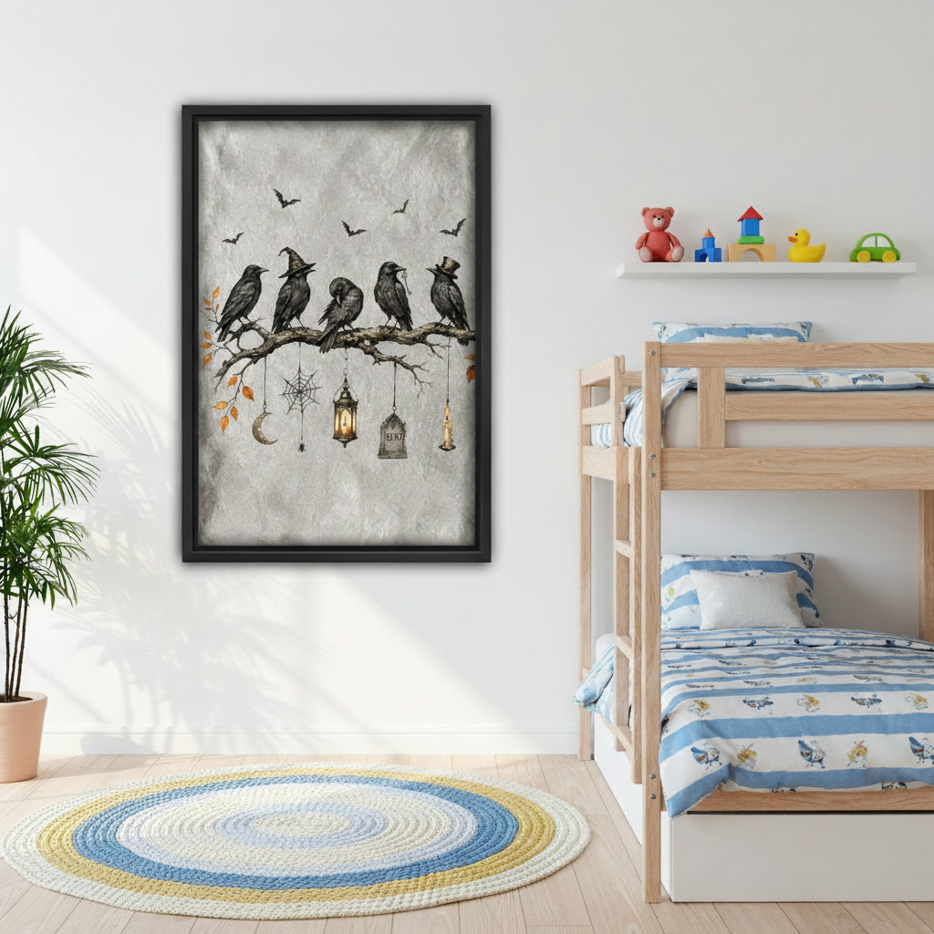 Vintage gothic raven flock canvas wall art adding Halloween charm to a bright children's bedroom