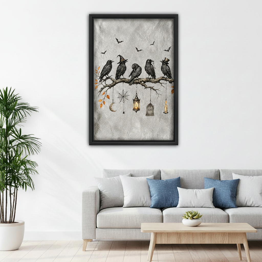 Framed vintage gothic raven flock canvas wall art styled above a modern sofa