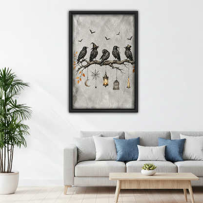 Framed vintage gothic raven flock canvas wall art styled above a modern sofa