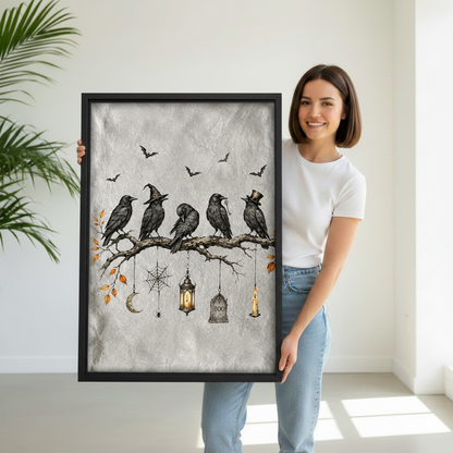 Woman holding vintage gothic raven flock canvas wall art to show the framed artwork scale