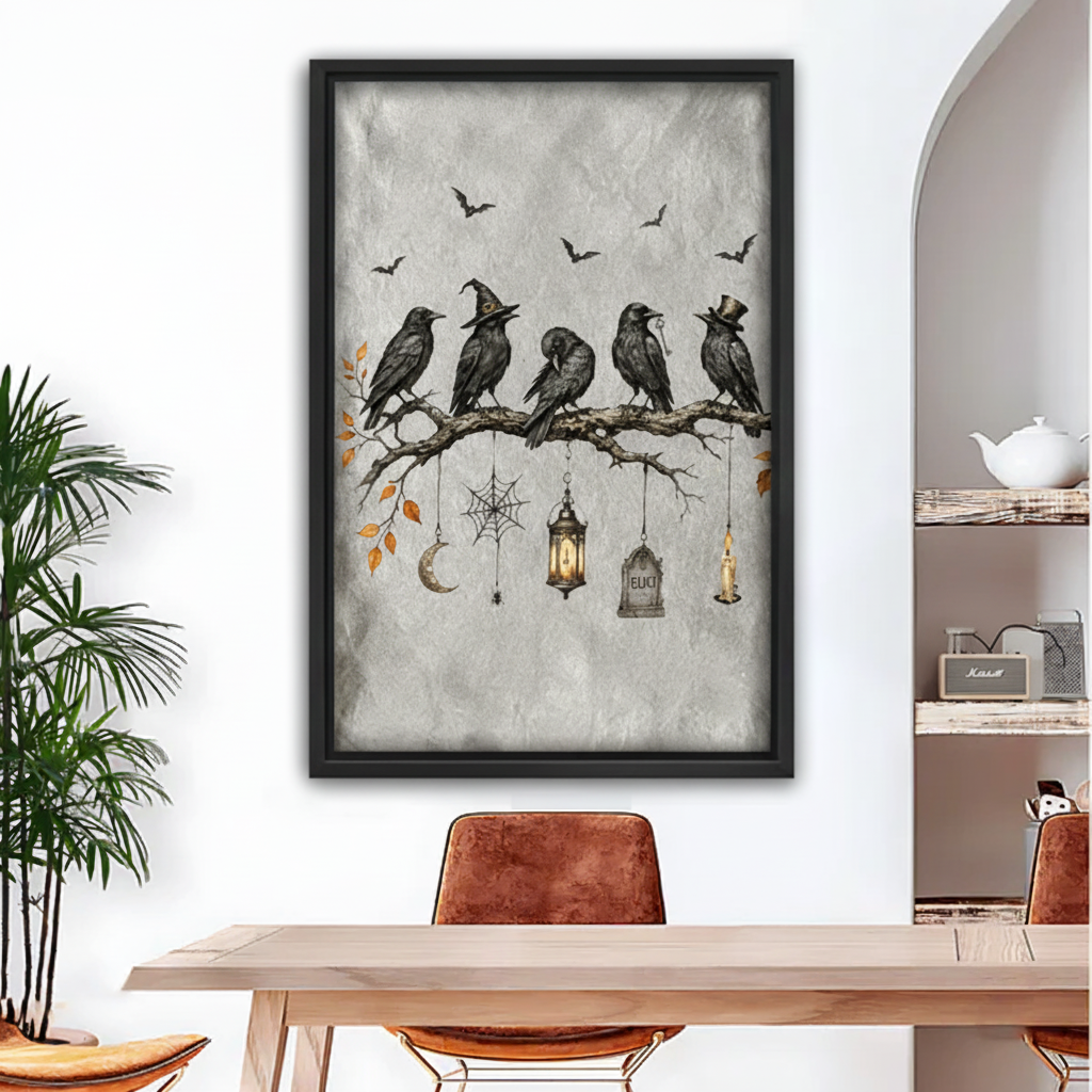 Vintage gothic raven flock canvas wall art displayed in a black frame above a dining table