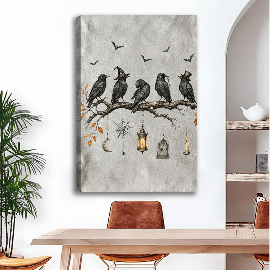 Gallery-wrap vintage gothic raven flock canvas wall art displayed above a dining table