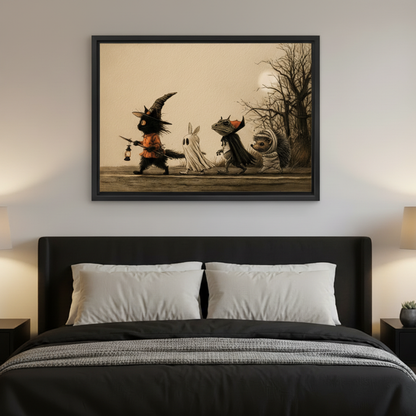 Vintage Halloween animal parade canvas wall art above a black bed in a moody bedroom with warm bedside lamps
